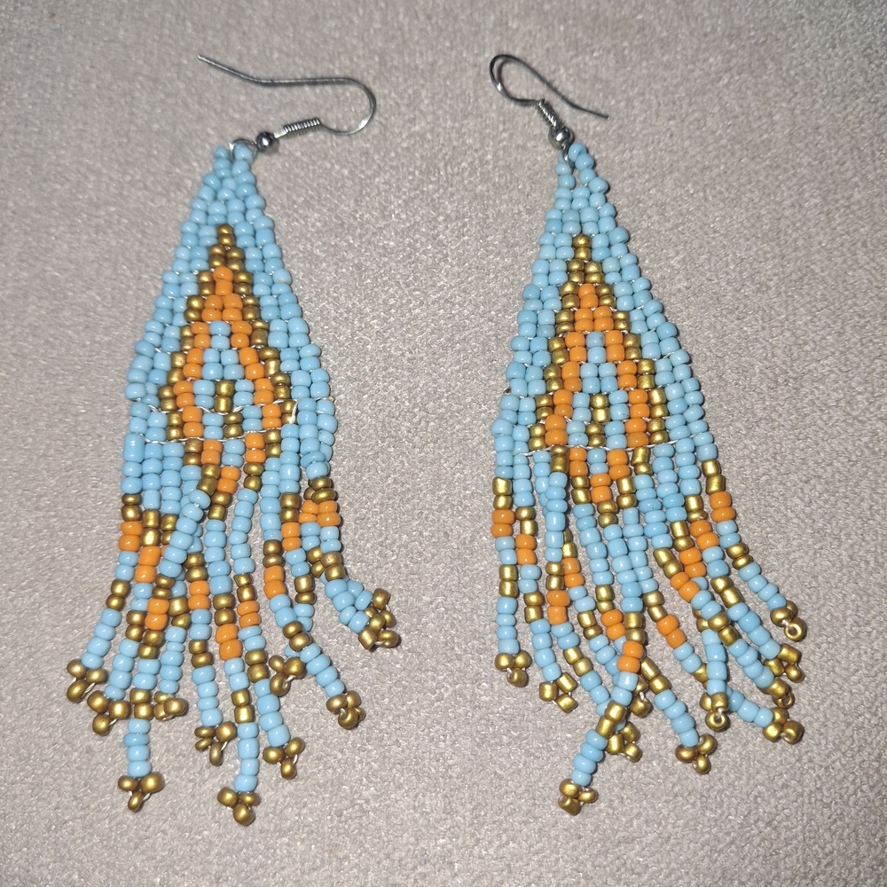 Beaded Fringe Earrings in Blue and Gold